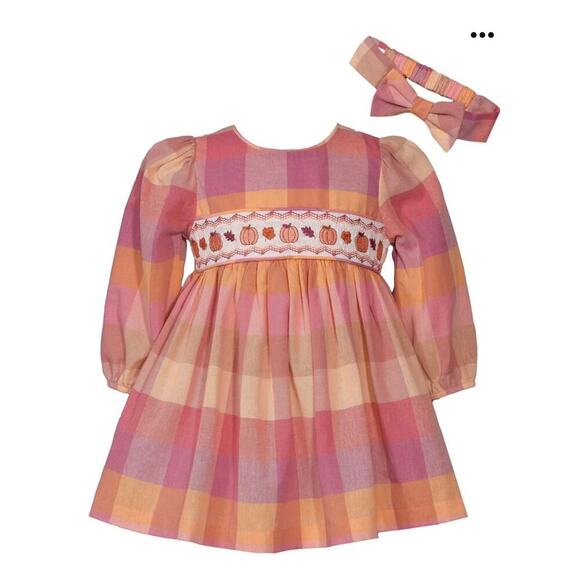 New Iris & Ivy Plaid Fall Pumpkin Dress, Diaper Cover & Headband Set - 24 months - Picture 1 of 6